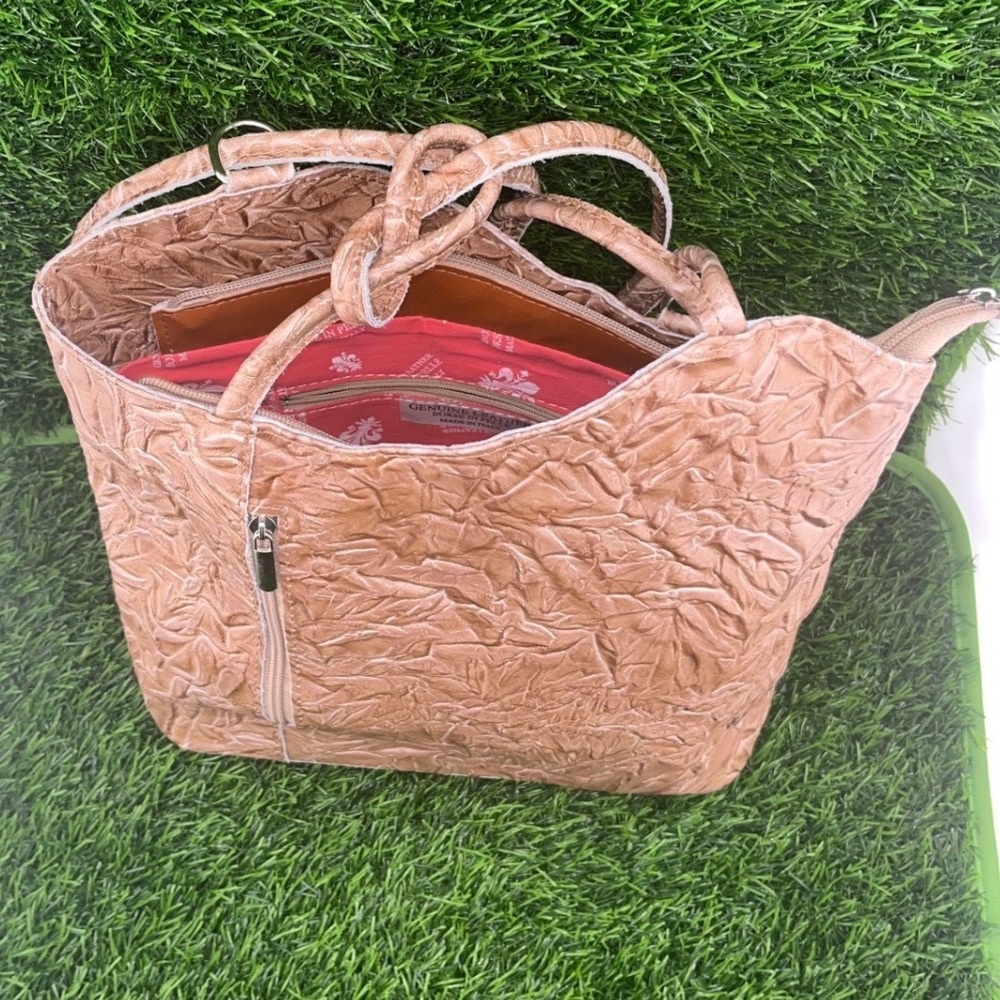 Embossed Leather Tote Bag with Scarf Accent Charm Made in Italy Borse in Pelle - Picture 7 of 16